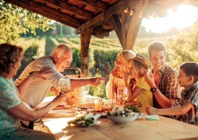 Family gathered around table outside